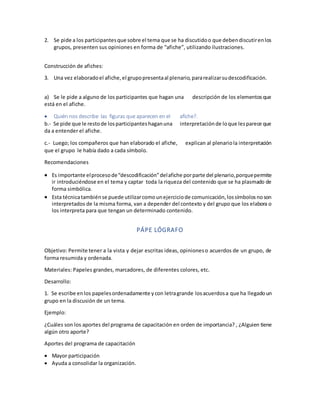 2. Se pide a los participantesque sobre el tema que se ha discutidoo que debendiscutirenlos
grupos, presenten sus opiniones en forma de “afiche”, utilizando ilustraciones.
Construcción de afiches:
3. Una vez elaboradoel afiche,el grupopresentaal plenario,pararealizarsudescodificación.
a) Se le pide a alguno de los participantes que hagan una descripción de los elementosque
está en el afiche.
 Quién nos describe las figuras que aparecen en el afiche?.
b.- Se pide que le restode losparticipanteshaganuna interpretaciónde loque lesparece que
da a entender el afiche.
c.- Luego; los compañeros que han elaborado el afiche, explican al plenariola interpretación
que el grupo le había dado a cada símbolo.
Recomendaciones
 Es importante elprocesode“descodificación”delafiche porparte del plenario,porquepermite
ir introduciéndose en el tema y captar toda la riqueza del contenido que se ha plasmado de
forma simbólica.
 Esta técnicatambiénse puede utilizarcomounejerciciode comunicación,lossímbolosnoson
interpretados de la misma forma, van a depender del contexto y del grupo que los elabora o
los interpreta para que tengan un determinado contenido.
PÁPE LÓGRAFO
Objetivo: Permite tener a la vista y dejar escritas ideas, opinioneso acuerdos de un grupo, de
forma resumida y ordenada.
Materiales: Papeles grandes, marcadores, de diferentes colores, etc.
Desarrollo:
1. Se escribe enlos papelesordenadamente ycon letragrande losacuerdosa que ha llegadoun
grupo en la discusión de un tema.
Ejemplo:
¿Cuáles son los aportes del programa de capacitación en orden de importancia? , ¿Alguien tiene
algún otro aporte?
Aportes del programa de capacitación
 Mayor participación
 Ayuda a consolidar la organización.
 