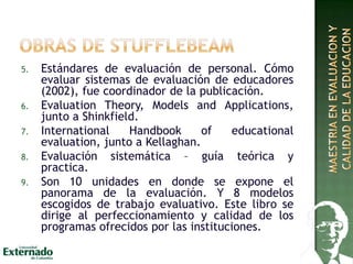 5. Estándares de evaluación de personal. Cómo
evaluar sistemas de evaluación de educadores
(2002), fue coordinador de la publicación.
6. Evaluation Theory, Models and Applications,
junto a Shinkfield.
7. International Handbook of educational
evaluation, junto a Kellaghan.
8. Evaluación sistemática – guía teórica y
practica.
9. Son 10 unidades en donde se expone el
panorama de la evaluación. Y 8 modelos
escogidos de trabajo evaluativo. Este libro se
dirige al perfeccionamiento y calidad de los
programas ofrecidos por las instituciones.
 