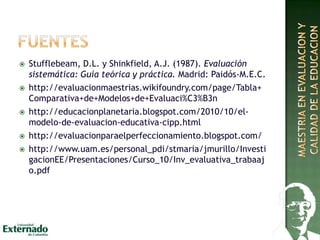  Stufflebeam, D.L. y Shinkfield, A.J. (1987). Evaluación
sistemática: Guía teórica y práctica. Madrid: Paidós-M.E.C.
 http://evaluacionmaestrias.wikifoundry.com/page/Tabla+
Comparativa+de+Modelos+de+Evaluaci%C3%B3n
 http://educacionplanetaria.blogspot.com/2010/10/el-
modelo-de-evaluacion-educativa-cipp.html
 http://evaluacionparaelperfeccionamiento.blogspot.com/
 http://www.uam.es/personal_pdi/stmaria/jmurillo/Investi
gacionEE/Presentaciones/Curso_10/Inv_evaluativa_trabaaj
o.pdf
 