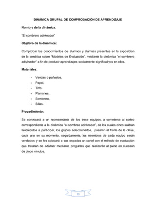 19
DINÁMICA GRUPAL DE COMPROBACIÓN DE APRENDIZAJE
Nombre de la dinámica:
“El sombrero adivinador”
Objetivo de la dinámica:
Comprobar los conocimientos de alumnos y alumnas presentes en la exposición
de la temática sobre “Modelos de Evaluación”, mediante la dinámica “el sombrero
adivinador” a fin de producir aprendizajes socialmente significativos en ellos.
Materiales:
- Vendas o pañuelos.
- Papel.
- Tirro.
- Plumones.
- Sombrero.
- Sillas.
Procedimiento:
Se convocará a un representante de los trece equipos, a someterse al sorteo
correspondiente a la dinámica “el sombreo adivinador”, de los cuales cinco saldrán
favorecidos a participar, los grupos seleccionados, pasarán al frente de la clase,
cada uno en su momento, seguidamente, los miembros de cada equipo serán
vendados y se les colocará a sus espadas un cartel con el método de evaluación
que tratarán de adivinar mediante preguntas que realizarán al pleno en cuestión
de cinco minutos.
 