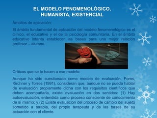 EL MODELO FENOMENOLÓGICO, HUMANISTA, EXISTENCIAL 
Ámbitos de aplicación: 
El ámbito fundamental de aplicación del modelo fenomenológico es el clínico, el educativo y el de la psicología comunitaria. En el ámbito educativo intenta establecer las bases para una mejor relación profesor – alumno. 
Críticas que se le hacen a ese modelo: 
Aunque ha sido cuestionado como modelo de evaluación, Forns, Kirchner y Torres (1991), consideran que, aunque no se pueda hablar de evaluación propiamente dicha con los requisitos científicos que deben acompañarla, existe evaluación en dos sentidos: (1) Hay autoevaluación, entendida como proceso consciente de conocimiento de sí mismo; y (2) Existe evaluación del proceso de cambio del sujeto sometido a terapia, del propio terapeuta y de las bases de su actuación con el cliente. 
 