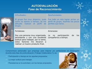 AUTOEVALUACIÓN Fase de Reconocimiento 
Compromisos personales que propongo para mejorar y/o perfeccionar mi desempeño durante esta fase de profundización (Trabajo Colaborativo 1), es: 
Participación a tiempo en los aportes propuestos. 
La mejor actitud para trabajar. 
Persistencia en la actividad y en los temas propuestos. 
Dificultades: 
El grupo fue muy disperso, pues como no aporto a tiempo, se me dificultó realizar el perfil de Grupo. 
Oportunidades: 
Fue todo un reto lograr armar un perfil de grupo, leyendo los pocos perfiles que tenia. 
Fortalezas: 
Soy una persona muy organizada, persistente y con una excelente actitud para trabajar, por lo tanto, estos factores me llevaron a realizar un bueno producto final. 
Amenazas: 
La no participación de los compañeros a tiempo.  