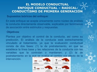 EL MODELO CONDUCTUAL ENFOQUE CONDUCTUAL – RADICAL: CONDUCTISMO DE PRIMERA GENERACIÓN 
Supuestos teóricos del enfoque: 
En este enfoque se acepta únicamente como núcleo de análisis la conducta directamente observable, explicable por fenómenos de asociación entre estímulos y respuestas. 
Objetivos: 
Plantea por objetivo el control de la conducta, así como su predicción. El análisis de la conducta está estrechamente vinculado al tratamiento, ya que la evaluación conductual consta de dos fases: (1) la de pretratamiento, en que se establece la línea base y las relaciones de la conducta con las variables que la controlan o mantienen; y (2) la de postratamiento en la que se evalúa el cambio por efecto de la intervención.  