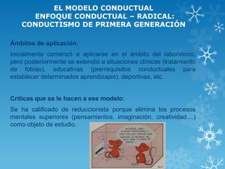 EL MODELO CONDUCTUAL ENFOQUE CONDUCTUAL – RADICAL: CONDUCTISMO DE PRIMERA GENERACIÓN 
Ámbitos de aplicación: 
Inicialmente comenzó a aplicarse en el ámbito del laboratorio, pero posteriormente se extendió a situaciones clínicas (tratamiento de fobias), educativas (prerrequisitos conductuales para establecer determinados aprendizajes), deportivas, etc. 
Críticas que se le hacen a ese modelo: 
Se ha calificado de reduccionista porque elimina los procesos mentales superiores (pensamientos, imaginación, creatividad....) como objeto de estudio. 
 