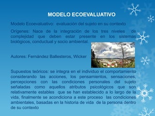 MODELO ECOEVALUATIVO 
Modelo Ecoevaluativo: evaluación del sujeto en su contexto 
Orígenes: Nace de la integración de los tres niveles de complejidad que deben estar presente en los sistemas biológicos, conductual y socio ambiental. 
Autores: Fernández Ballesteros, Wicker 
Supuestos teóricos: se integra en el individuo el comportamiento considerando las acciones, los pensamientos, sensaciones, percepciones con las condiciones personales del sujeto señaladas como aquellos atributos psicológicos que son relativamente estables que se han establecido a lo largo de la vida, finalmente se acondiciona a este proceso las condiciones ambientales, basadas en la historia de vida de la persona dentro de su contexto  