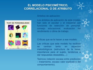EL MODELO PSICOMÉTRICO, CORRELACIONAL O DE ATRIBUTO 
Ámbitos de aplicación: 
Los ámbitos de aplicación de este modelo han sido el escolar y el industrial con funciones de selección de personal, consejo educacional, evaluación del rendimiento o clima de trabajo. 
Críticas que se le hacen a ese modelo: 
Las críticas que este modelo ha recibido se centran tanto en aspectos metodológicos (estructura de la tarea, importancia para el sujeto, tendencia a dar respuestas deseables,...) 
Teóricos (relación escasa entre predicción – tratamiento, escaso valor explicativo del comportamiento). 
 