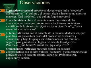 Observaciones El  practico-artesanal  propone al docente que imite “modelos”, que transmita “la” cultura , el pensar, decir y hacer como nuestros mayores. Qué modelos?, qué cultura?, qué mayores? El  academicista  ubica al docente como transmisor de las verdaderas certezas que proporcionan los últimos contenidos científicos de la Academia. ¿Qué certezas científicas? ¿Cuáles contenidos actualizados? El  tecnicista  sueña con el docente de la racionalidad técnica, que planifica los previsibles pasos del proceso de enseñanza y aprendizaje y baja los paquetes instruccionales con términos seguros para garantizar el logro eficiente de los objetivos. Planificar, ¿qué futuro? Garantizar, ¿qué objetivos? El  hermenéutico-reflexivo  pretende formar un docente comprometido con sólidos valores (no neutro) y con competencias polivalentes. Un docente abierto, capaz de: Problematizar, explicitar y debatir.  