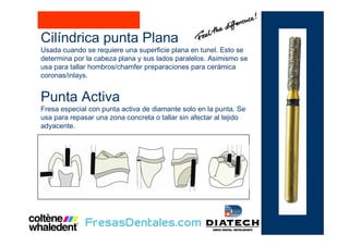 Cilíndrica punta Plana
Usada cuando se requiere una superficie plana en tunel. Esto se
determina por la cabeza plana y sus lados paralelos. Asimismo se
usa para tallar hombros/chamfer preparaciones para cerámica
coronas/inlays.
Punta Activa
Fresa especial con punta activa de diamante solo en la punta. Se
usa para repasar una zona concreta o tallar sin afectar al tejido
adyacente.
 
