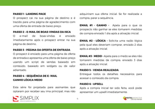 4
PASSO 1 - LANDING PAGE
O prospect cai na sua página de destino e é
trazido para uma página de agradecimento com
uma oferta de entrada de baixo preço.
PASSO 2 – E-MAIL DE BOAS-VINDAS DA ISCA
O e-mail de boas-vindas é enviado
imediatamente após o prospect entrar na sua
página de destino.
PASSO 3 - PÁGINA DA OFERTA DE ENTRADA
O prospect é enviado para uma página de oferta
de entrada e apresenta uma oferta de baixo preço
usando um script de vendas baseado em
conteúdo, baseado em widgets ou de valor
adiantado.
PASSO 4 - SEQUÊNCIA DE E- MAIL
GANHO LÓGICA MEDO
Esta série foi projetada para assinantes que
optaram por receber seu ima principal, mas não
adquiriram sua oferta inicial. Se for realizada a
compra, parar a sequência.
EMAIL #1 - GANHO - Apela para o que os
prospects irão ganhar se eles tomarem medidas
de compra enviado 1 dia após a ativação inicial.
EMAIL #2 - LÓGICA - Solicita uma razão lógica
pela qual eles deveriam comprar, enviado 2 dias
após a ativação inicial.
EMAIL #3 - MEDO - Apela para o medo se eles não
tomarem medidas de compra. enviado 3 dias
após a ativação inicial.
PASSO 5 - VENDA REALIZADA
Entregue todos os detalhes necessários para
acessar o conteúdo da compra.
PASSO 6 - UPSELL
Após a compra inicial ter sido feita, você pode
apresentar um upsell imediatamente.
 