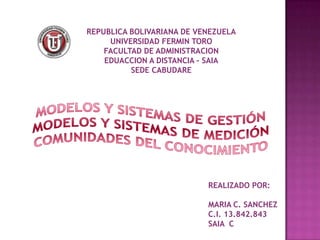 REPUBLICA BOLIVARIANA DE VENEZUELA
UNIVERSIDAD FERMIN TORO
FACULTAD DE ADMINISTRACION
EDUACCION A DISTANCIA – SAIA
SEDE CABUDARE

REALIZADO POR:
MARIA C. SANCHEZ
C.I. 13.842.843
SAIA C

 