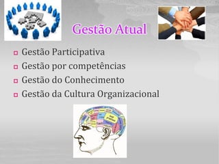 Gestão Atual
   Gestão Participativa
   Gestão por competências
   Gestão do Conhecimento
   Gestão da Cultura Organizacional
 