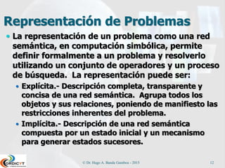 Representación de Problemas
 La representación de un problema como una red
semántica, en computación simbólica, permite
definir formalmente a un problema y resolverlo
utilizando un conjunto de operadores y un proceso
de búsqueda. La representación puede ser:
 Explícita.- Descripción completa, transparente y
concisa de una red semántica. Agrupa todos los
objetos y sus relaciones, poniendo de manifiesto las
restricciones inherentes del problema.
 Implícita.- Descripción de una red semántica
compuesta por un estado inicial y un mecanismo
para generar estados sucesores.
© Dr. Hugo A. Banda Gamboa - 2015 12
 