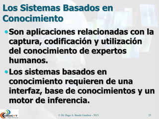 Los Sistemas Basados en
Conocimiento
Son aplicaciones relacionadas con la
captura, codificación y utilización
del conocimiento de expertos
humanos.
Los sistemas basados en
conocimiento requieren de una
interfaz, base de conocimientos y un
motor de inferencia.
© Dr. Hugo A. Banda Gamboa - 2015 25
 