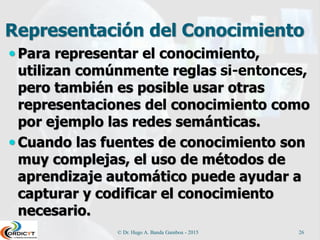 Representación del Conocimiento
 Para representar el conocimiento,
utilizan comúnmente reglas si-entonces,
pero también es posible usar otras
representaciones del conocimiento como
por ejemplo las redes semánticas.
 Cuando las fuentes de conocimiento son
muy complejas, el uso de métodos de
aprendizaje automático puede ayudar a
capturar y codificar el conocimiento
necesario.
© Dr. Hugo A. Banda Gamboa - 2015 26
 