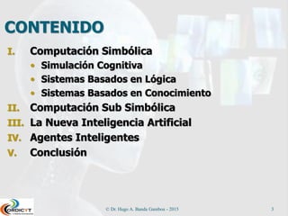 CONTENIDO
I. Computación Simbólica
 Simulación Cognitiva
 Sistemas Basados en Lógica
 Sistemas Basados en Conocimiento
II. Computación Sub Simbólica
III. La Nueva Inteligencia Artificial
IV. Agentes Inteligentes
V. Conclusión
© Dr. Hugo A. Banda Gamboa - 2015 3
 