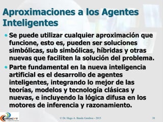 Tecnología de Agentes Inteligentes
 La tecnología de los agentes inteligentes
conforma la base de una nueva generación
de sistemas computacionales.
 Las aplicaciones incluyen sistemas
desarrollados para búsqueda de
información masivamente distribuida en
Internet, sistemas de información móviles,
sistemas de workflow inteligentes, e
infraestructura de información de apoyo a
las operaciones y decisiones corporativas.
© Dr. Hugo A. Banda Gamboa - 2015 38
 
