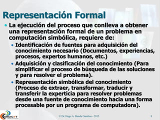 Representación Formal
 La ejecución del proceso que conlleva a obtener
una representación formal de un problema en
computación simbólica, requiere de:
 Identificación de fuentes para adquisición del
conocimiento necesario (Documentos, experiencias,
procesos, expertos humanos, etc.)
 Adquisición y clasificación del conocimiento (Para
simplificar el proceso de búsqueda de las soluciones
y para resolver el problema).
 Representación simbólica del conocimiento
(Proceso de extraer, transformar, traducir y
transferir la experticia para resolver problemas
desde una fuente de conocimiento hacia una forma
procesable por un programa de computadora).
© Dr. Hugo A. Banda Gamboa - 2015 8
 