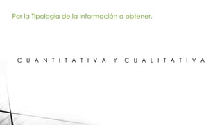 Por la Tipología de la Información a obtener.
C U A N T I T A T I V A Y C U A L I T A T I V A
 