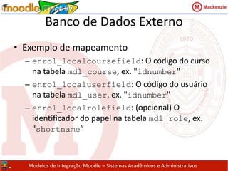 Banco de Dados ExternoFunções AtribuídasParâmetro enrol_db_defaultcourseroleidatribui os usuários automaticamente como alunosParâmetro enrol_db_remoterolefielddefine o campo que contém a informação da função a ser atribuída.