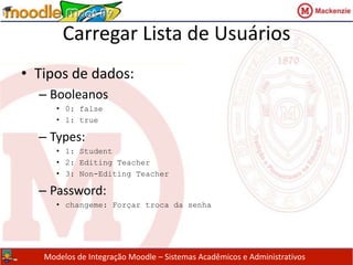 Carregar Lista de UsuáriosCampos Obrigatórios:username, password, firstname, lastname, emailCampos Desejáveis:institution, department, city, country, lang, auth, timezone