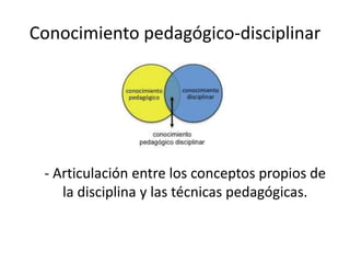Conocimiento pedagógico-disciplinar 
- Articulación entre los conceptos propios de 
la disciplina y las técnicas pedagógicas. 
 