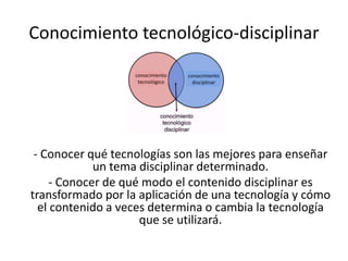 Conocimiento tecnológico-disciplinar 
- Conocer qué tecnologías son las mejores para enseñar 
un tema disciplinar determinado. 
- Conocer de qué modo el contenido disciplinar es 
transformado por la aplicación de una tecnología y cómo 
el contenido a veces determina o cambia la tecnología 
que se utilizará. 
 