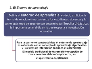 3. El Entorno de aprendizaje 
. Definir el entorno de aprendizaje: es decir, explicitar la 
trama de relaciones mutuas entre los estudiantes, docentes y la 
tecnología, todo de acuerdo con determinada filosofía didáctica. 
Es importante estar al día en lo que respecta a investigación 
educativa. 
Para la corriente constructivista el entorno de aprendizaje 
es coherente con el concepto de aprendizaje significativo 
y las ideas de interacción social en el aprendizaje. 
El modelo tradicional de transmisión-recepción de 
conocimientos elaborados por otros, es 
el que resulta cuestionado 
 