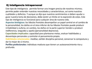 6) Inteligencia intrapersonal
Este tipo de inteligencia permite formar una imagen precisa de nosotros mismos;
permite poder entender nuestras necesidades y características, así como nuestras
cualidades y defectos. Y aunque se dijo que nuestros sentimientos si deben ayudar a
guiar nuestra toma de decisiones, debe existir un límite en la expresión de estos. Este
tipo de inteligencia es funcional para cualquier área de nuestra vida.
Aspectos biológicos: los lóbulos frontales desempeñan un papel central en el cambio de
la personalidad, los daños en el área inferior de los lóbulos frontales puede producir
irritabilidad o euforia; en cambio, los daños en la parte superior tienden a producir
indiferencia, languidez y apatía (personalidad depresiva).
Capacidades implicadas: capacidad para plantearse metas, evaluar habilidades y
desventajas personales y controlar el pensamiento propio.
Habilidades relacionadas: meditar, exhibir disciplina personal, conservar la compostura y
dar lo mejor de sí mismo.
Perfiles profesionales: individuos maduros que tienen un autoconocimiento rico y
profundo.
 