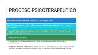PROCESO PSICOTERAPEUTICO
Buena relación médico–paciente: Relación de confianza y armonía
Catarsis: Se busca obtener alivio mediante la descarga de sus ansiedades, temores y quejas
sintomáticas
Penetración cognoscitiva: Se escucha al paciente y recaba los datos , se forma una impresión . Se
explica y confrontar al paciente .
Condicionamiento operativo:
•“RECOMPENSA” de la aprobación del médico y el “castigo” de su desaprobación operan como factores de
condicionamiento.
•“EXPERIENCIA EMOCIONAL CORRECTIVA”, en la que el paciente suele experimentar una serie de reacciones y respuestas
más sanas y racionales en su relación con el médico que en las mantenidas con figuras importantes de autoridad.
 