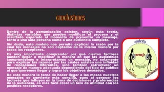 Dentro de la comunicación existen, según esta teoría,
distintas variables que pueden modificar el proceso y el
resultado esperado al momento de presentar un mensaje,
tanto a una sola persona como a una audiencia completa.
Sin duda, este modelo nos permite explicar la razón por la
cual los mensajes no son captados de la misma manera por
todos los receptores.
Es muy importante comprender por qué ciertos factores
pueden llegar a modificar la manera en que las audiencias
comprendemos e interpretamos un mensaje, no solamente
para explicar las razones por las cuales existen una infinidad
de recepciones diferentes, sino también estructurar un
mensaje de manera adecuada dependiendo del tipo de público
al que queremos llegar y lograr los objetivos deseados.
De esta manera la tarea de hacer llegar a las masas nuestros
mensajes se convierte más sencilla, pues al conocer los
factores que influyen en la toma de decisiones y preferencias
de la audiencia, es más fácil crear un lazo de afinidad con los
posibles receptores.
 