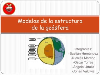 Modelos de la estructura
    de la geósfera


                       Integrantes:
                  -Bastián Hernández
                    -Nicolás Moreno
                      -Oscar Torres
                     -Ángelo Urtulla
                     -Johan Valdivia
 