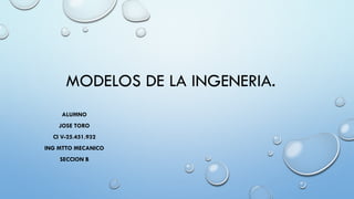 MODELOS DE LA INGENERIA.
ALUMNO
JOSE TORO
CI V-25.451.932
ING MTTO MECANICO
SECCION B
 
