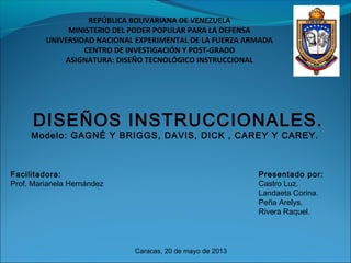 REPÚBLICA BOLIVARIANA DE VENEZUELA
MINISTERIO DEL PODER POPULAR PARA LA DEFENSA
UNIVERSIDAD NACIONAL EXPERIMENTAL DE LA FUERZA ARMADA
CENTRO DE INVESTIGACIÓN Y POST-GRADO
ASIGNATURA: DISEÑO TECNOLÓGICO INSTRUCCIONAL
DISEÑOS INSTRUCCIONALES.
Modelo: GAGNÉ Y BRIGGS, DAVIS, DICK , CAREY Y CAREY.
Presentado por:
Castro Luz.
Landaeta Corina.
Peña Arelys.
Rivera Raquel.
Facilitadora:
Prof. Marianela Hernández
Caracas, 20 de mayo de 2013
 