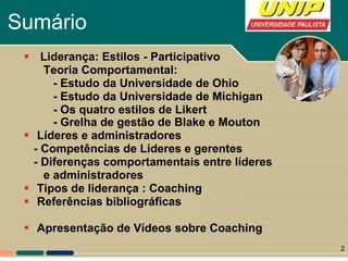 Sumário Liderança: Estilos - Participativo  Teoria Comportamental: - Estudo da Universidade de Ohio - Estudo da Universidade de Michigan - Os quatro estilos de Likert - Grelha de gestão de Blake e Mouton   Líderes e administradores  - Competências de Líderes e gerentes - Diferenças comportamentais entre líderes e administradores Tipos de liderança : Coaching   Referências bibliográficas Apresentação de  Vídeos sobre Coaching 