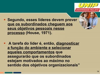 Segundo, esses líderes devem prever  que os subordinados cheguem aos seus objetivos pessoais nesse processo  (House, 1971).  A tarefa do líder é, então,  diagnosticar a função do ambiente e selecionar aqueles comportamentos  que assegurarão que os subordinados estejam motivados ao máximo no sentido dos objetivos organizacionais”  