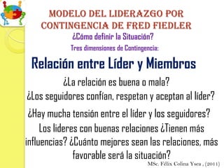 Modelo del Liderazgo por
    contingencia de Fred fiedler
            ¿Cómo definir la Situación?
            Tres dimensiones de Contingencia:

 Relación entre Líder y Miembros
          ¿La relación es buena o mala?
¿Los seguidores confían, respetan y aceptan al líder?
 ¿Hay mucha tensión entre el líder y los seguidores?
     Los lideres con buenas relaciones ¿Tienen más
influencias? ¿Cuánto mejores sean las relaciones, más
               favorable será la situación?
                                        MSc. Félix Colina Ysea , (2011)
 