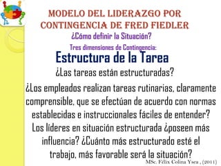 Modelo del Liderazgo por
    contingencia de Fred fiedler
            ¿Cómo definir la Situación?
            Tres dimensiones de Contingencia:
        Estructura de la Tarea
          ¿Las tareas están estructuradas?
¿Los empleados realizan tareas rutinarias, claramente
comprensible, que se efectúan de acuerdo con normas
  establecidas e instruccionales fáciles de entender?
  Los líderes en situación estructurada ¿poseen más
     influencia? ¿Cuánto más estructurado esté el
        trabajo, más favorable será la situación?
                                        MSc. Félix Colina Ysea , (2011)
 