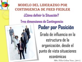 Modelo del Liderazgo por
contingencia de Fred fiedler
    ¿Cómo definir la Situación?
  Tres dimensiones de Contingencia:
               Poder por Posición
                 Grado de influencia en la
                     estructura de la
                  organización, desde el
                punto de vista situaciones
                       económicas
                           MSc. Félix Colina Ysea , (2011)
 
