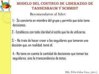 Modelo del continuo de liderazgo de
          Tannenbaum y schmidt
         Recomendaron al líder:
1.- Se convierta en miembro del grupo y permita que éste tome
decisiones.
2.- Establezca con toda claridad el estilo que ha de utilizarse.

3. – No trate de hacer creer a los seguidores que tomaron una
decisión que, en realidad, tomó él.

4.- No tome en cuenta la cantidad de decisiones que toman los
seguidores, sino la transcendencia de éstas.


                                              MSc. Félix Colina Ysea , (2011)
 