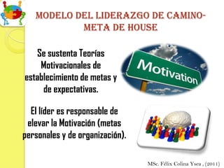 Modelo del liderazgo de camino-
           meta de house

   Se sustenta Teorías
    Motivacionales de
establecimiento de metas y
     de expectativas.

  El líder es responsable de
 elevar la Motivación (metas
personales y de organización).

                                 MSc. Félix Colina Ysea , (2011)
 