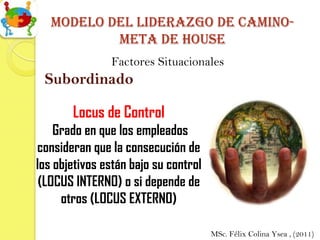 Modelo del liderazgo de camino-
           meta de house
               Factores Situacionales
 Subordinado

       Locus de Control
    Grado en que los empleados
consideran que la consecución de
los objetivos están bajo su control
 (LOCUS INTERNO) o si depende de
     otros (LOCUS EXTERNO)

                                      MSc. Félix Colina Ysea , (2011)
 