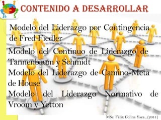Contenido a Desarrollar
Modelo del Liderazgo por Contingencia
de Fred Fiedler
Modelo del Continuo de Liderazgo de
Tannenbaum y Schmidt
Modelo del Liderazgo de Camino-Meta
de House
Modelo del Liderazgo Normativo de
Vroom y Yetton
                        MSc. Félix Colina Ysea , (2011)
 