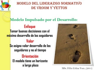 Modelo del liderazgo normativo
             de vroom y yetton


  Modelo Impulsado por el Desarrollo:
             Enfoque
  Tomar buenas decisiones con el
máximo desarrollo de los seguidores
               Valor
  Se asigna valor desarrollo de los
     seguidores y no al tiempo
           Orientación
    El modelo tiene un horizonte
           a largo plazo
                                      MSc. Félix Colina Ysea , (2011)
 