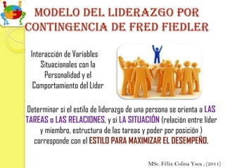 Modelo del Liderazgo por
contingencia de Fred fiedler

 Interacción de Variables
     Situacionales con la
      Personalidad y el
  Comportamiento del Líder

Determinar si el estilo de liderazgo de una persona se orienta a LAS
TAREAS o LAS RELACIONES, y si LA SITUACIÓN (relación entre líder
    y miembro, estructura de las tareas y poder por posición )
  corresponde con el ESTILO PARA MAXIMIZAR EL DESEMPEÑO.

                                           MSc. Félix Colina Ysea , (2011)
 