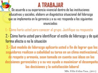 A TRABAJAR
    De acuerdo a su experiencia vivencial dentro de las instituciones
  educativas y sociales, elabore un diagnóstico situacional del liderazgo
  que se implementa en la gerencia y a su vez responda a los siguientes
                               enunciados:
1.- Cómo haría usted para conocer al grupo. Justifique su respuesta
2.- Cómo haría usted para identificar el estilo de liderazgo y de qué
forma afecta o no la situación
 3.- Qué modelo de liderazgo aplicaría usted a fin de lograr que los
seguidores realicen a cabalidad su tarea en un clima motivacional,
   de respeto y armonía, sean tomado en cuenta sus ideas en las
decisiones gerenciales y a su vez ayude a maximizar el desempeño,
               las decisiones y la satisfacción laboral
                                                 MSc. Félix Colina Ysea , (2011)
 