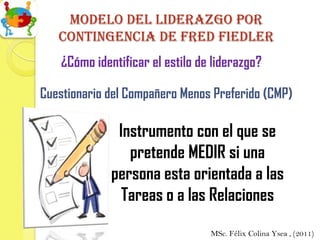 Modelo del Liderazgo por
   contingencia de Fred fiedler
   ¿Cómo identificar el estilo de liderazgo?

Cuestionario del Compañero Menos Preferido (CMP)

              Instrumento con el que se
                pretende MEDIR si una
             persona esta orientada a las
               Tareas o a las Relaciones
                                 MSc. Félix Colina Ysea , (2011)
 