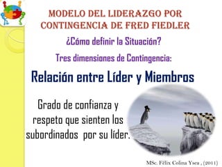 Modelo del Liderazgo por
   contingencia de Fred fiedler
          ¿Cómo definir la Situación?
       Tres dimensiones de Contingencia:

 Relación entre Líder y Miembros
   Grado de confianza y
  respeto que sienten los
subordinados por su líder.

                                MSc. Félix Colina Ysea , (2011)
 