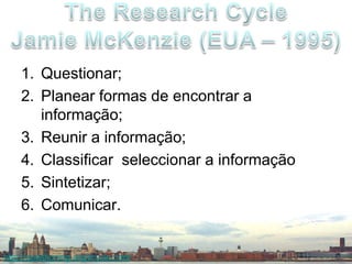 Questionar;Planear formas de encontrar a informação;Reunir a informação;Classificar  seleccionar a informaçãoSintetizar;Comunicar.The Research CycleJamie McKenzie (EUA – 1995)http://questioning.org/rcycle.html