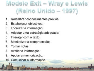 Relembrar conhecimentos prévios;Estabelecer objectivos;Localizar a informação;Adoptar uma estratégia adequada;Interagir com o texto;Monitorizar a compreensão;Tomar notas;Avaliar a informação;Apoiar a memorização;Comunicar a informação.Modelo Exit – Wray e Lewis(Reino Unido – 1997)