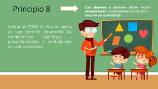 Aplicar un FODA es de gran ayuda
ya que permite desarrollar las
competencias cognitivas ,
procedimentales y actitudinales
en cada estudiante.
Principio 8 Los alumnos y alumnas deben recibir
orientaciones constructivas sobre cómo
mejorar su aprendizaje.
 